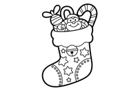 A stocking full of toys with a jingle bell – Christmas Winter Treats coloring page