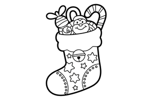 A stocking full of toys with a jingle bell – Christmas Winter Treats coloring page