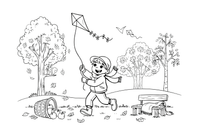 A child flying a kite on a windy autumn day – Autumn Time Autumn Leaves coloring page