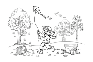 A child flying a kite on a windy autumn day – Autumn Time Autumn Leaves coloring page