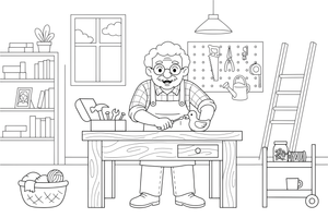 Grandpa fixing something at his workbench – Cherished Grandparent Family coloring page