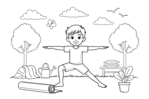 A child in warrior pose with arms stretched out – Yoga coloring page