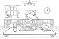 A desk lamp bending over a book – Everyday Objects coloring page