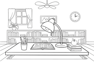 A desk lamp bending over a book – Everyday Objects coloring page