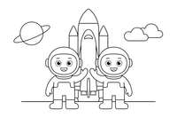 Astronauts waving in front of a space shuttle – Space Shuttle Mission coloring page