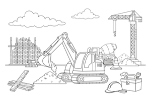 A little digger scooping soil – Construction Vehicles coloring page