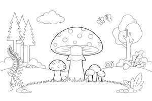 A fly agaric with a round cap and big white dots – Mushrooms coloring page