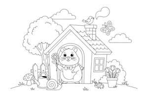 A hamster peeking out of a little house – Hamster coloring page