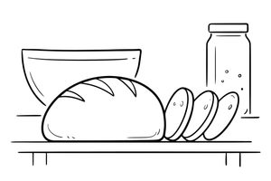 A round loaf of dark rye bread with a few slices cut beside it – Traditional Lithuanian Food coloring page