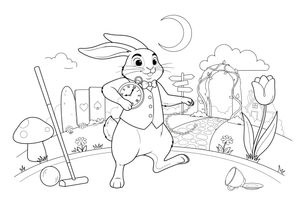 A white rabbit in a waistcoat holding a big pocket watch – Alice in Wonderland Story coloring page