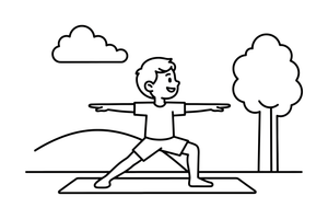 A child in warrior pose with arms stretched out – Yoga coloring page