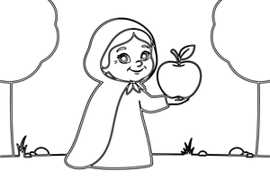 An old woman in a hooded cloak holding out a big apple – Snow White Story coloring page