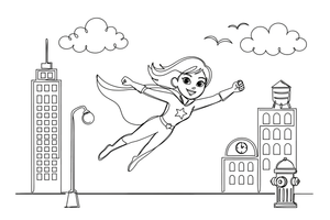 A girl superhero with a cape flying – Superhero coloring page