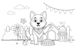 Husky with a food bowl – Husky Dog Playtime coloring page