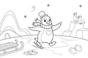 A penguin ice-skating on a frozen pond – Penguin Arctic Adventure coloring page