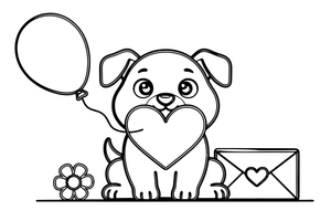 A puppy holding a big heart in its mouth – Valentine's Day coloring page