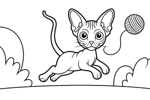 Sphynx leaping with a ball of yarn – Sphynx Cat in Motion coloring page