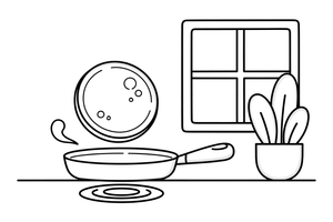 A pancake being flipped in a pan – Cozy Kitchen Cooking coloring page