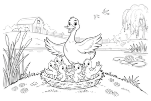 A mother duck looking proudly at her nest of ducklings – The Ugly Duckling Story coloring page