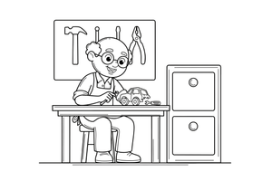 Grandpa fixing something at his workbench – Cherished Grandparent Family coloring page