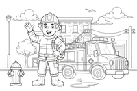 A firefighter next to a fire truck – Busy Job Workers coloring page