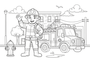 A firefighter next to a fire truck – Busy Job Workers coloring page