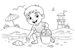 A child collecting shells on the beach, holding a bucket – Sunny Beach & Seaside coloring page