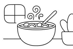 A steaming bowl of soup with a spoon – Yummy Meals coloring page
