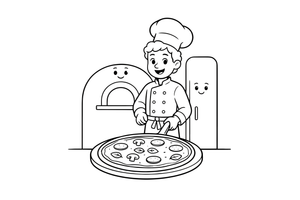 A chef holding a pizza on a paddle – Delicious Pizza Meal coloring page