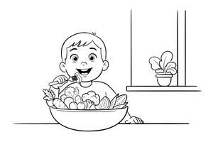 A boy eating a big bowl of vegetables with a fork – Healthy Habits coloring page