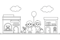 A busy shopping street with shop windows and people – Vibrant City Places coloring page