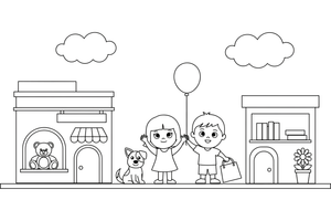 A busy shopping street with shop windows and people – Vibrant City Places coloring page