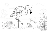 A flamingo wading in a shallow lake – Flamingo Pond coloring page