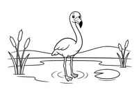 A flamingo wading in a shallow lake – Flamingo Pond coloring page