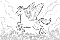 Pegasus galloping through a field of flowers – Pegasus Magical Flight coloring page