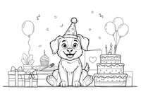 A puppy wearing a party hat next to a cake – Birthday Cake Wishes coloring page