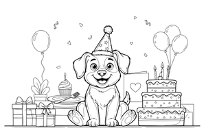 A puppy wearing a party hat next to a cake – Birthday Cake Wishes coloring page