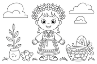 A child in a Lithuanian folk costume with an embroidered apron and a flower wreath – Cultures coloring page