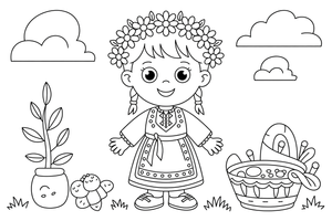 A child in a Lithuanian folk costume with an embroidered apron and a flower wreath – Cultures coloring page