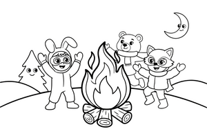 Children in funny masks dancing around a big bonfire in the snow – Pancake Day Winter Treat coloring page