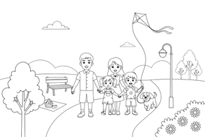 A family walking together in the park – Happy Family Moments coloring page