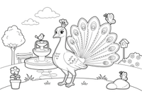 A peacock by a fountain – Peacock Bird coloring page