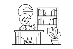 A child reading and learning at a little desk – Daily Routine Activities coloring page