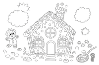 A gingerbread house decorated with candies and icing (all outlined, no fill) – Hansel and Gretel Story coloring page