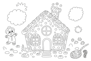 A gingerbread house decorated with candies and icing (all outlined, no fill) – Hansel and Gretel Story coloring page