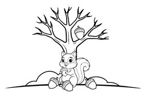 A squirrel gathering acorns under a bare tree – Four Seasons coloring page