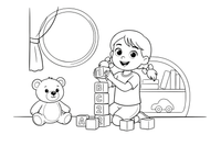 A girl building a tall tower of blocks – Kids' Activities coloring page