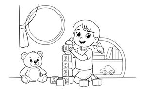 A girl building a tall tower of blocks – Kids' Activities coloring page
