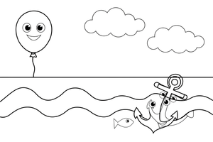 A balloon floating up in the sky and a heavy anchor sinking down in the water – Opposite Concepts coloring page