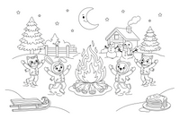 Children in funny masks dancing around a big bonfire in the snow – Pancake Day Winter Treat coloring page